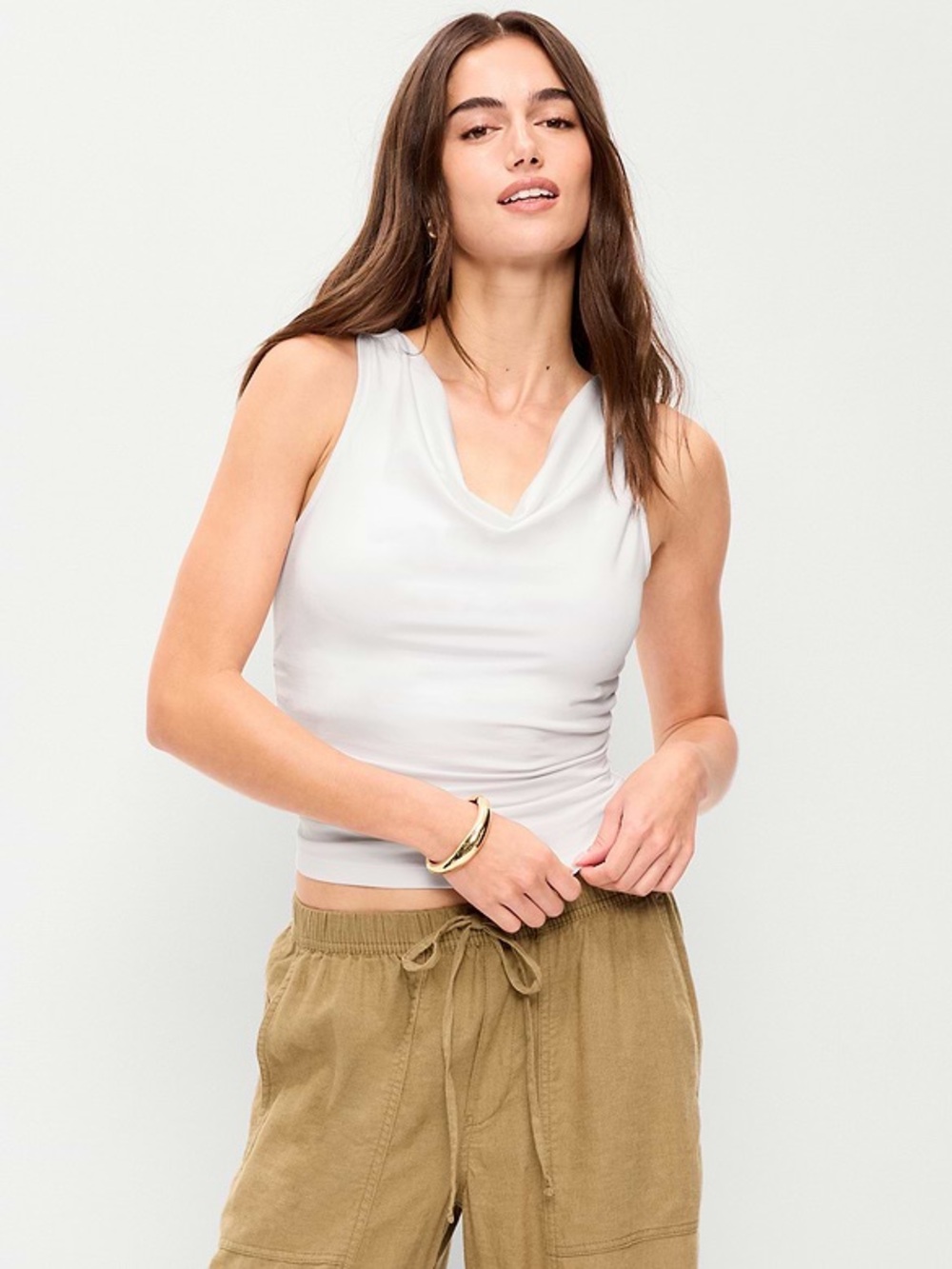 Sleeveless White Cowl Neck Tank Top